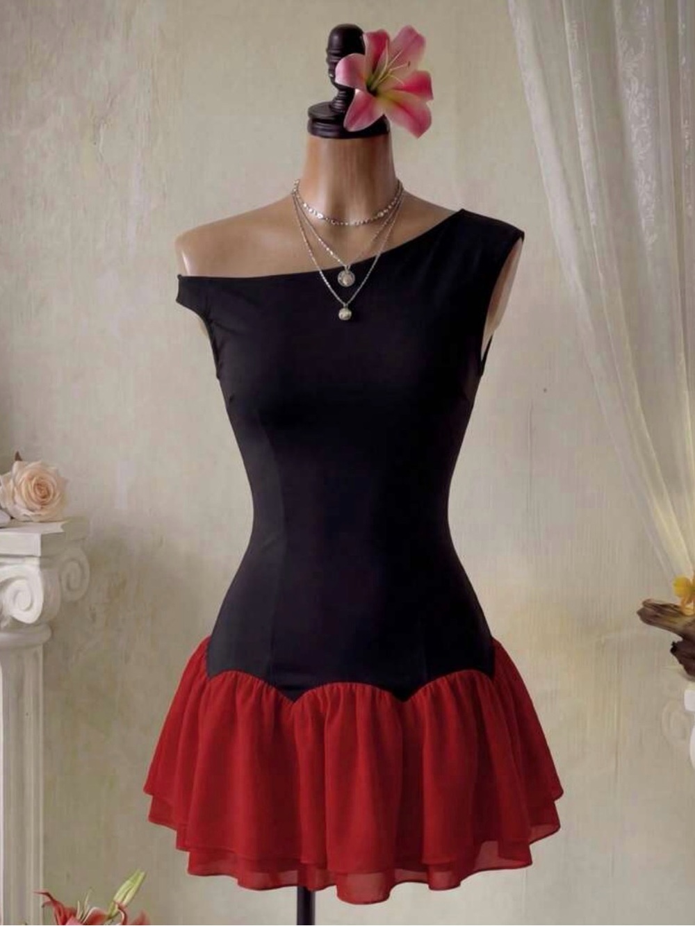 Off the Shoulder Ruffle Hem Mini Dress